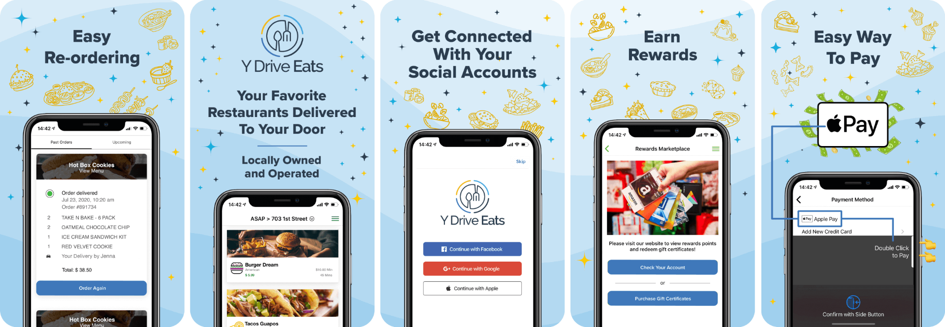 Y Drive Eats branded customer app screens showing past orders, restaurant menus, rewards and Apple Pay checkout