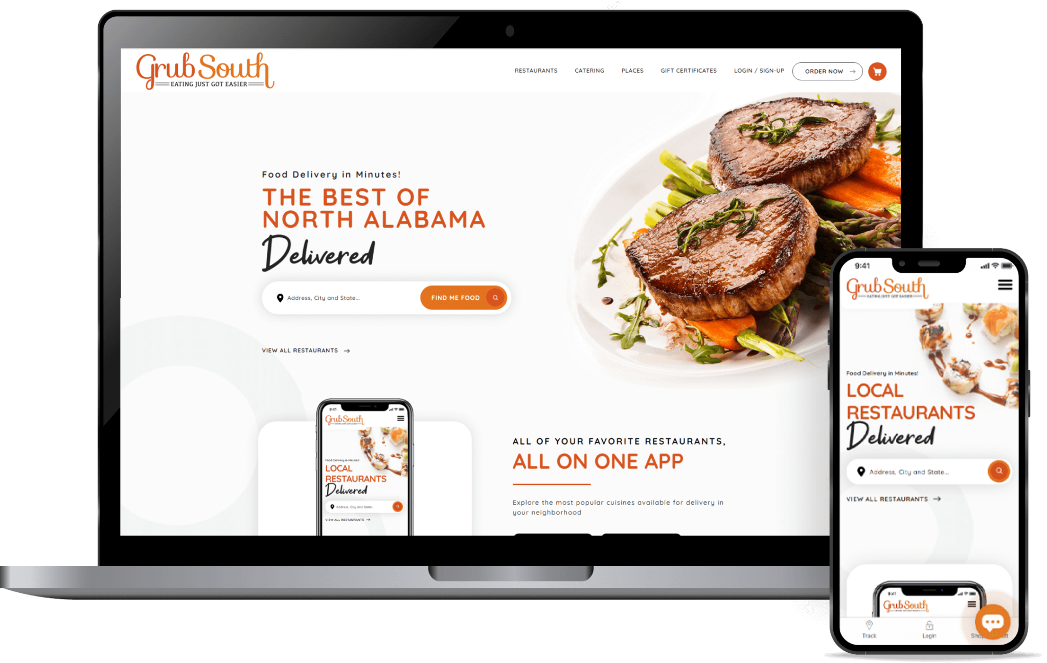 Grub South food delivery website and mobile site on laptop and phone, with address search and North Alabama restaurant listings