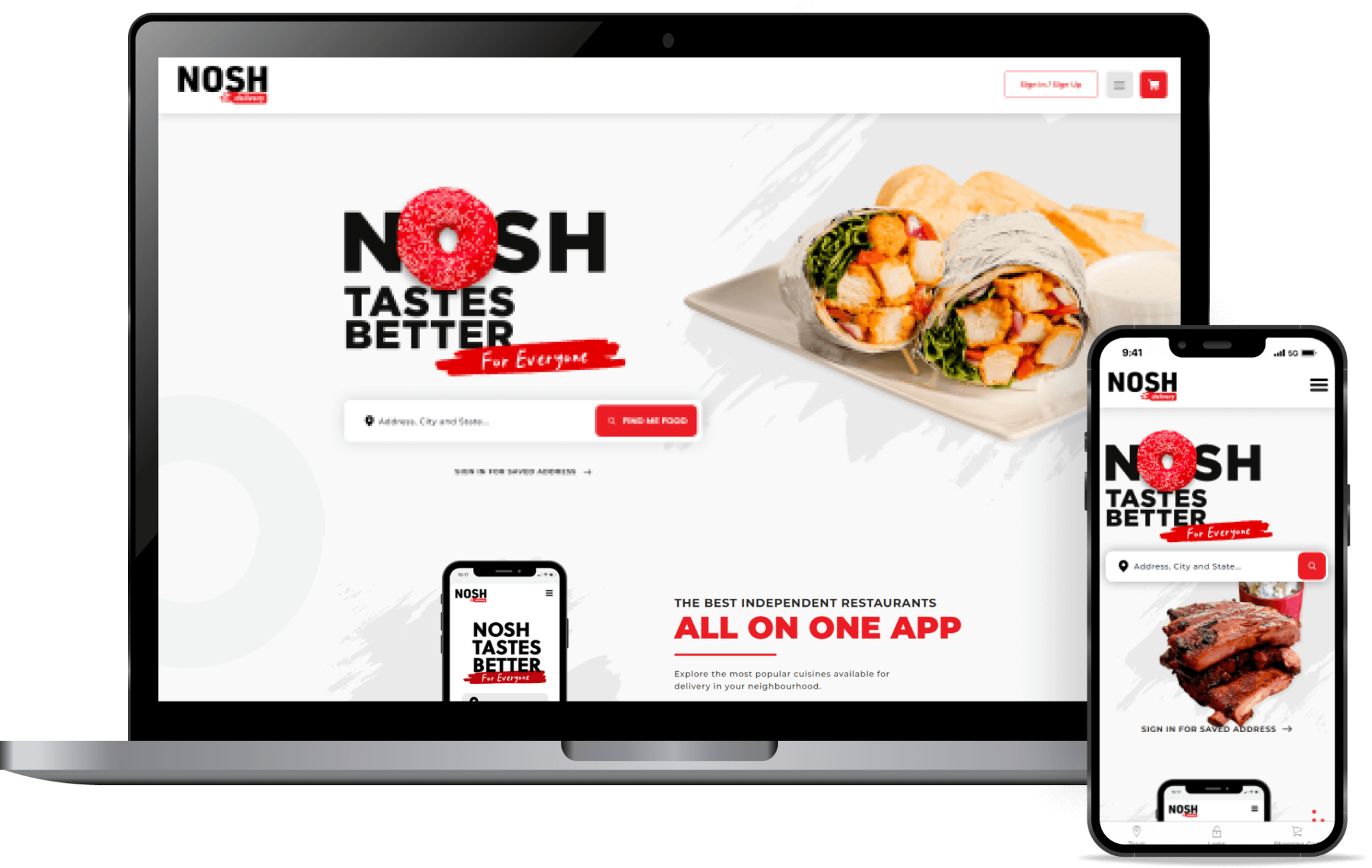 Nosh Delivery website and mobile site on laptop and phone, promoting independent restaurants on one app