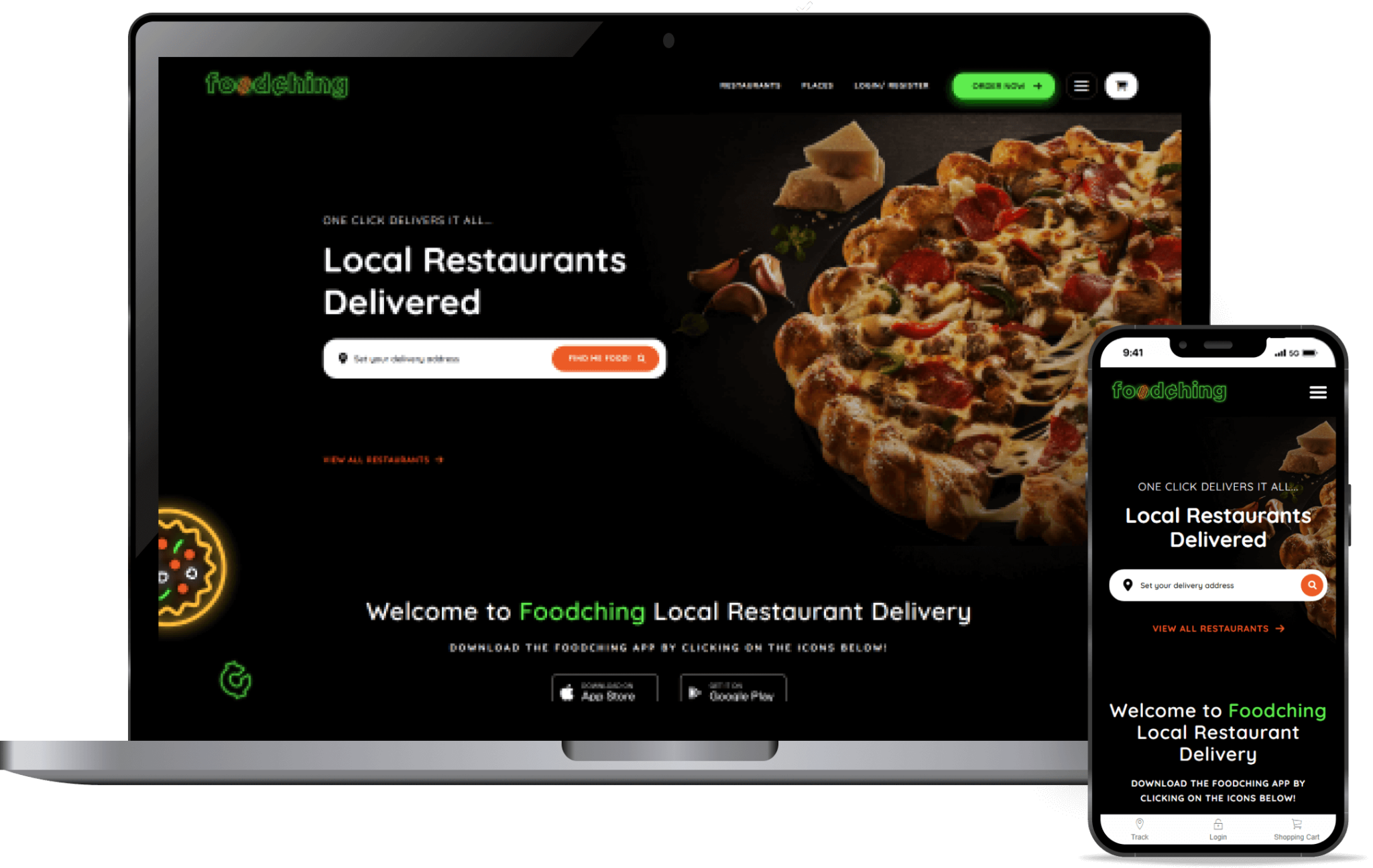 Foodching dark-themed delivery website and mobile site on laptop and phone, with pizza hero and app download links