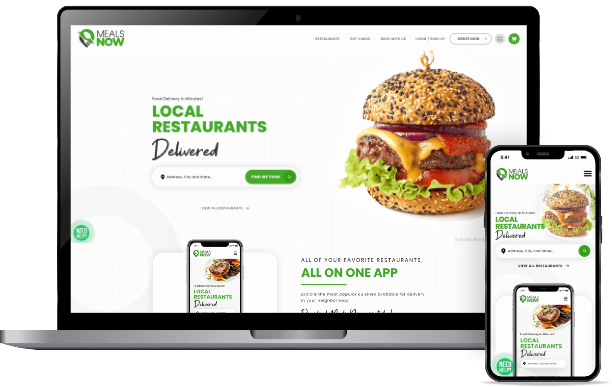Meals Now delivery website and mobile site on laptop and phone, with burger hero and local restaurant search
